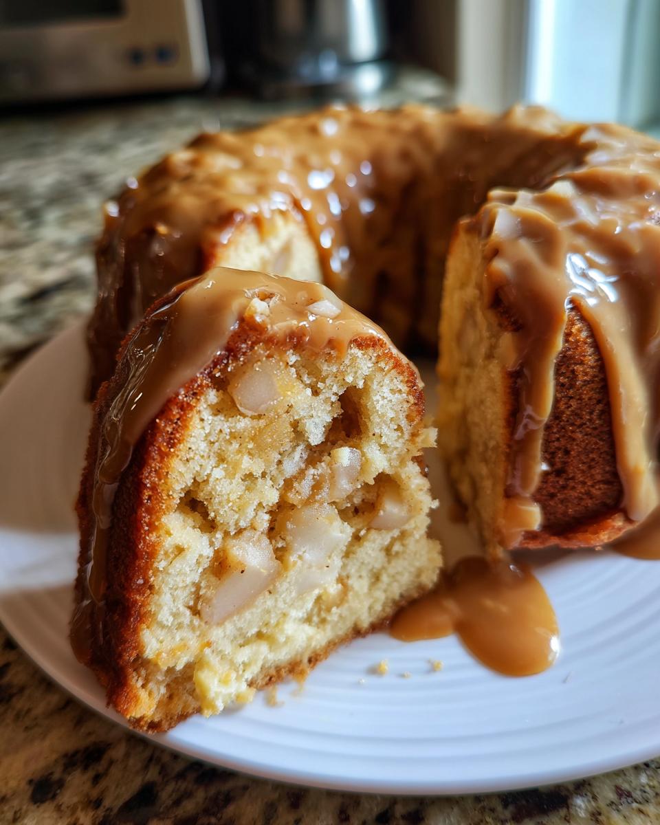 A slice of moist apple amaretto cake topped with thick caramel glaze, showing chunks of apple inside.