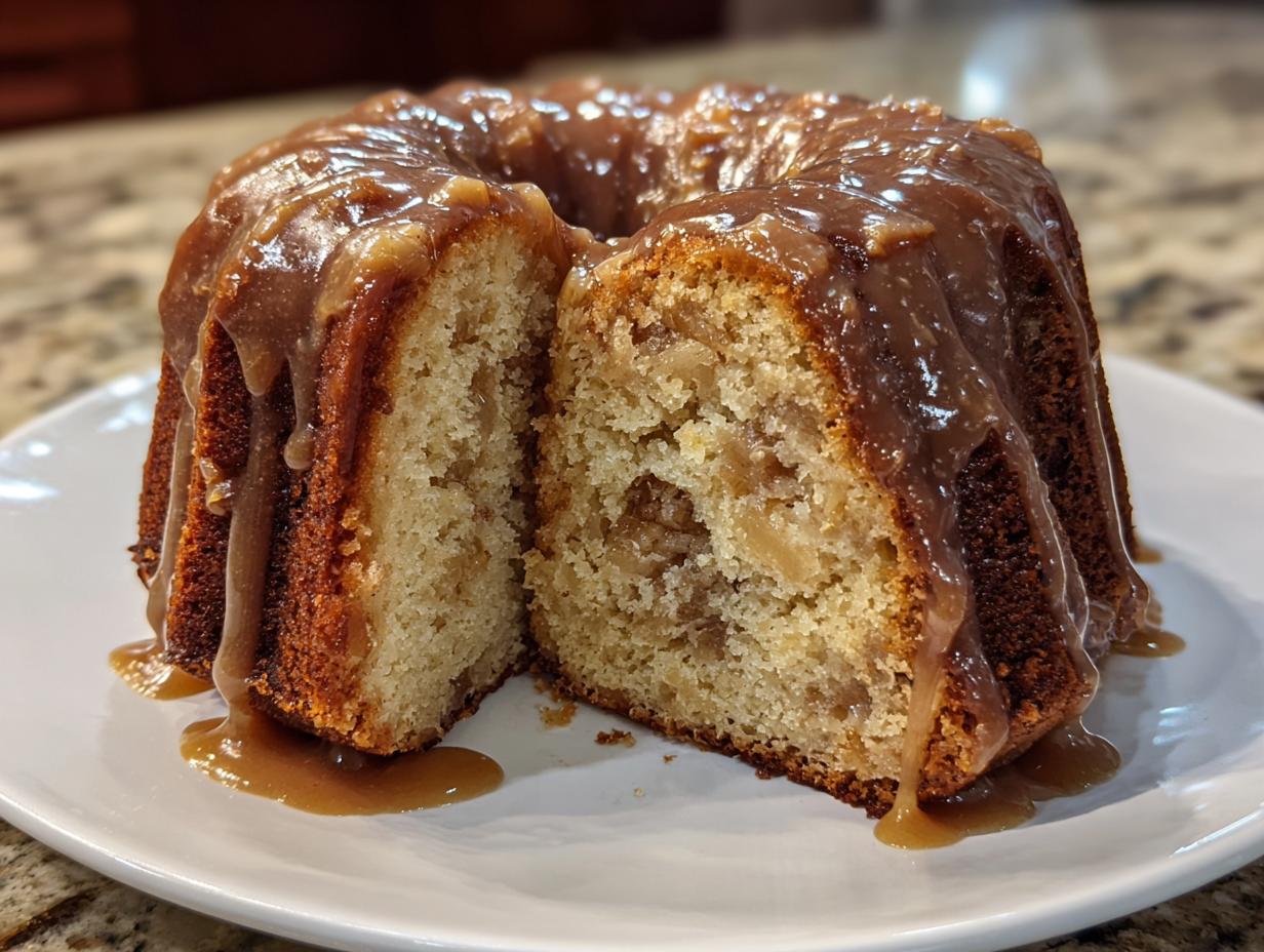 A bundt-style apple amaretto cake cut in half, showing moist interior and dripping with a thick caramel glaze.