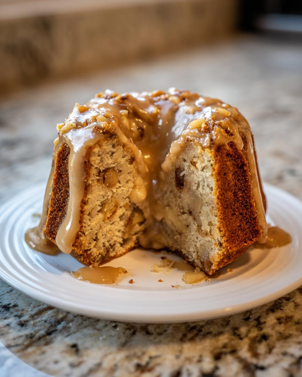A slice cut from a small bundt-style apple amaretto cake, topped with a thick caramel glaze and nuts.