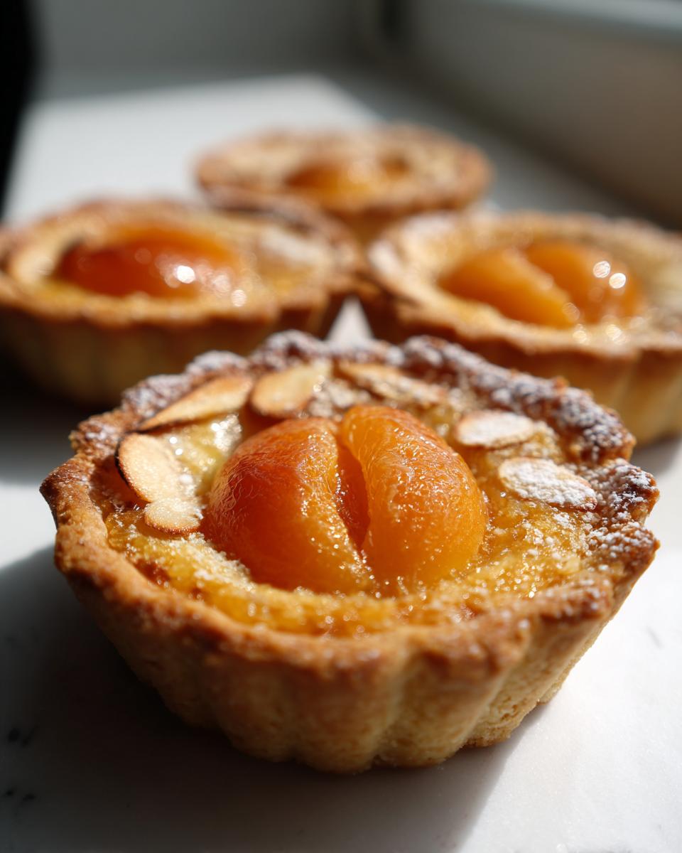 Close-up of a freshly baked apricot-almond tartlet topped with sliced almonds and powdered sugar, with more apricot-almond tartlets blurred in the background.