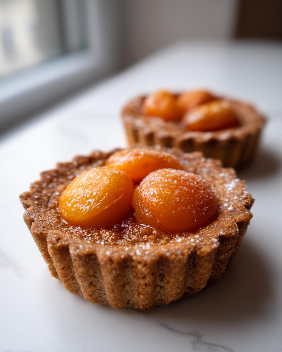 A close-up of a freshly baked apricot-almond tartlet topped with glazed apricot halves and dusted with powdered sugar.