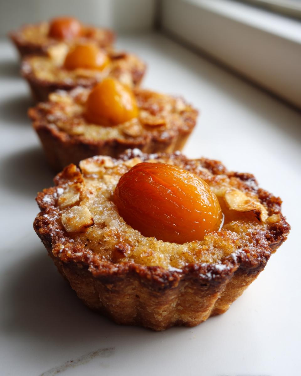 A close-up, shallow depth-of-field photo showing a row of freshly baked apricot-almond tartlets topped with a glazed apricot.