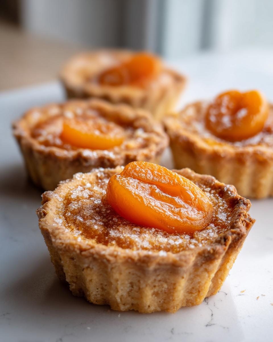 Close-up of a freshly baked apricot-almond tartlet topped with a glistening dried apricot half and sprinkled sugar.