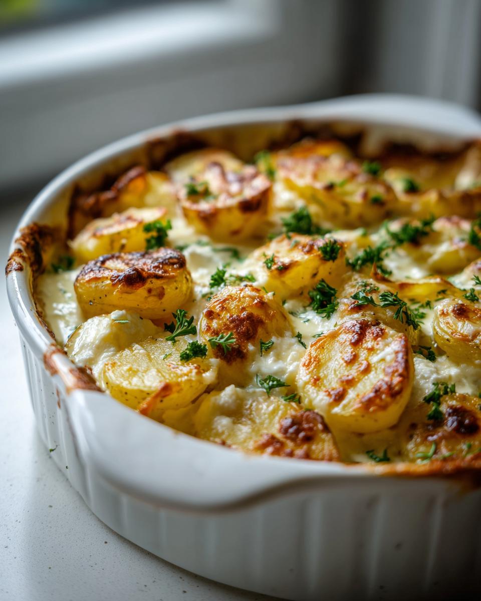 Close-up of golden brown, roasted potato slices baked with creamy feta cheese, garnished with parsley, making amazing baked feta potatoes.