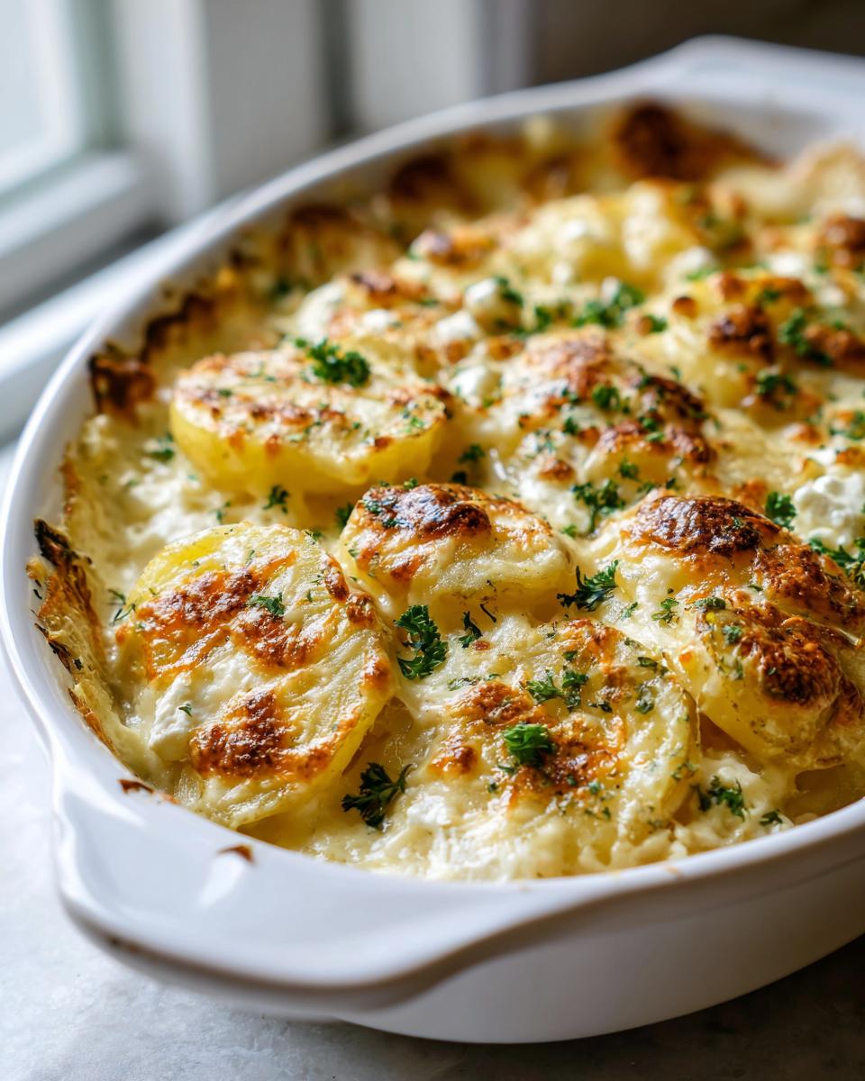 Close-up of golden brown baked feta potatoes layered in a white oval baking dish, topped with melted cheese and parsley.