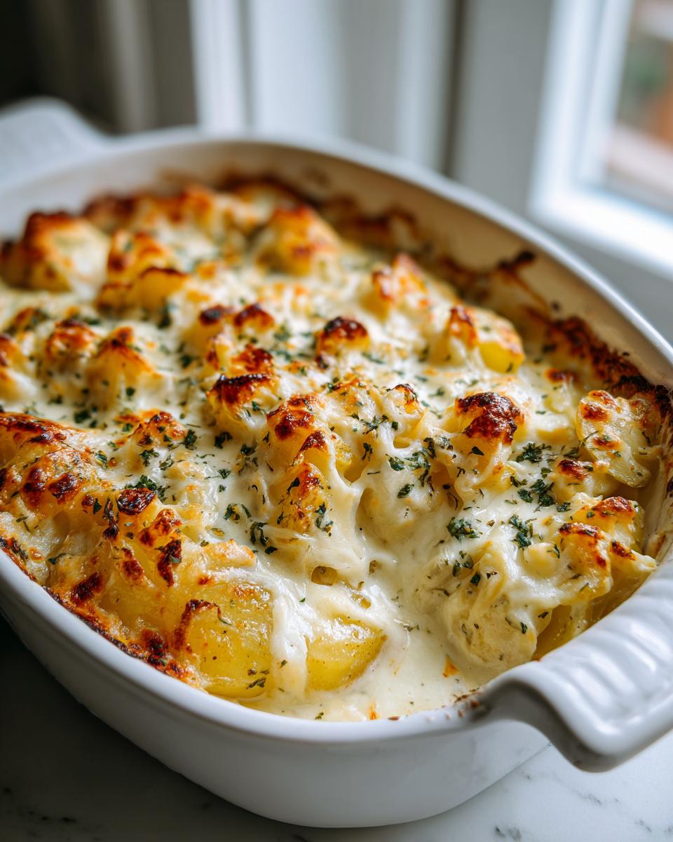 Close-up of creamy, cheesy baked feta potatoes with browned tops and fresh parsley garnish.