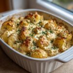 Close-up of creamy, golden baked feta potatoes topped with browned cheese and fresh parsley in a white baking dish.