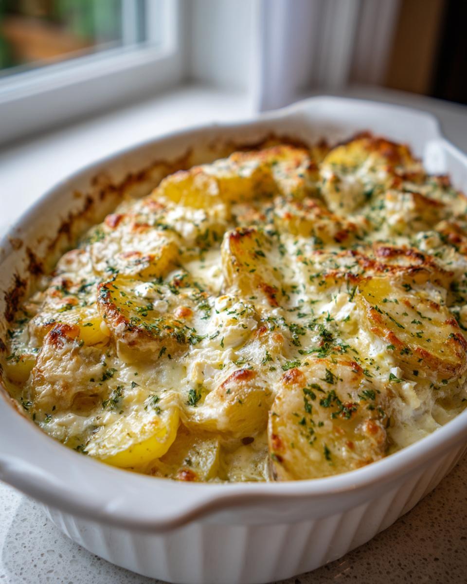 Close-up of golden brown baked feta potatoes, creamy and topped with parsley, in a white oval baking dish.