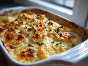 Close-up of creamy, cheesy baked feta potatoes with browned tops and fresh parsley garnish.
