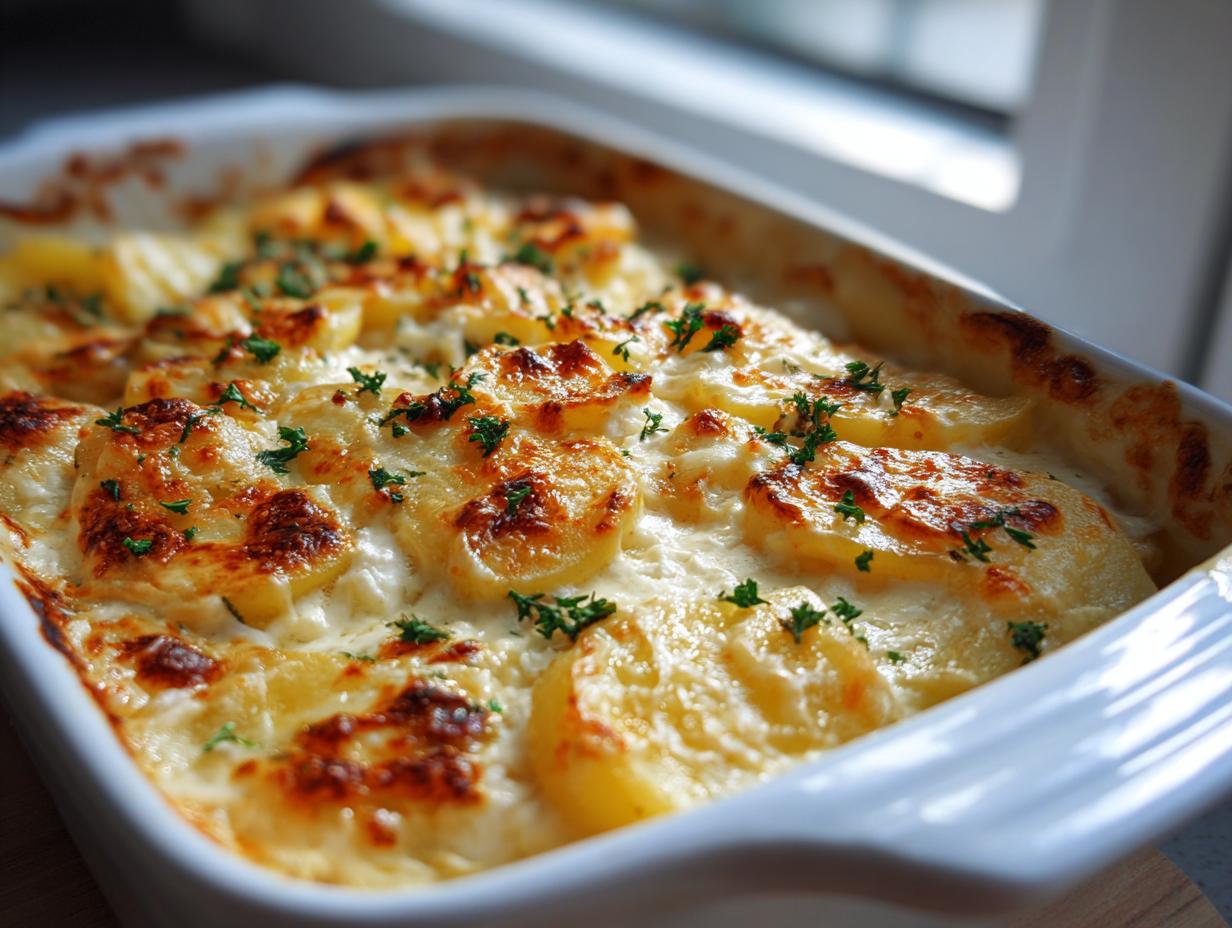 Close-up of creamy, cheesy baked feta potatoes with browned tops and fresh parsley garnish.