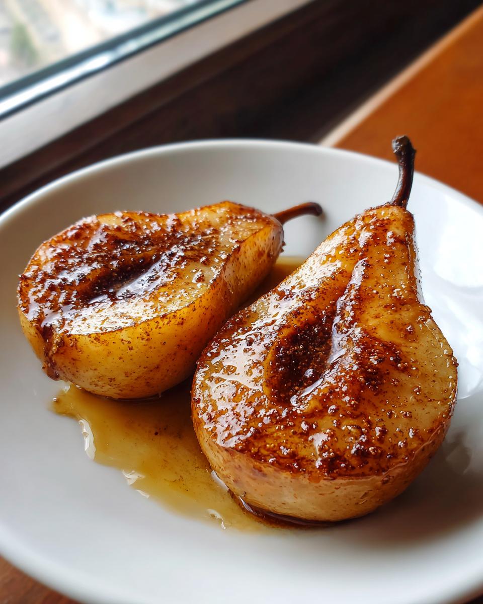 Close-up of two halves of a baked pears recipe, glistening with brown sugar and syrup on a white plate.