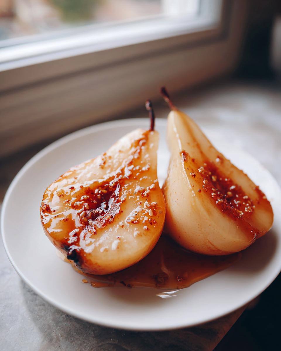Two halves of glistening baked pears recipe served on a white plate with caramelized syrup.
