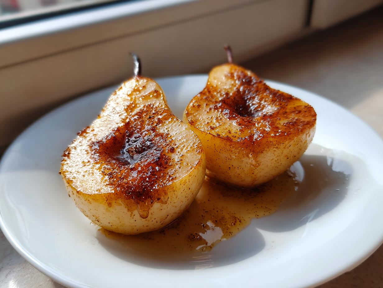 Two halves of a baked pears recipe, caramelized with spices and drizzled with sweet syrup on a white plate.
