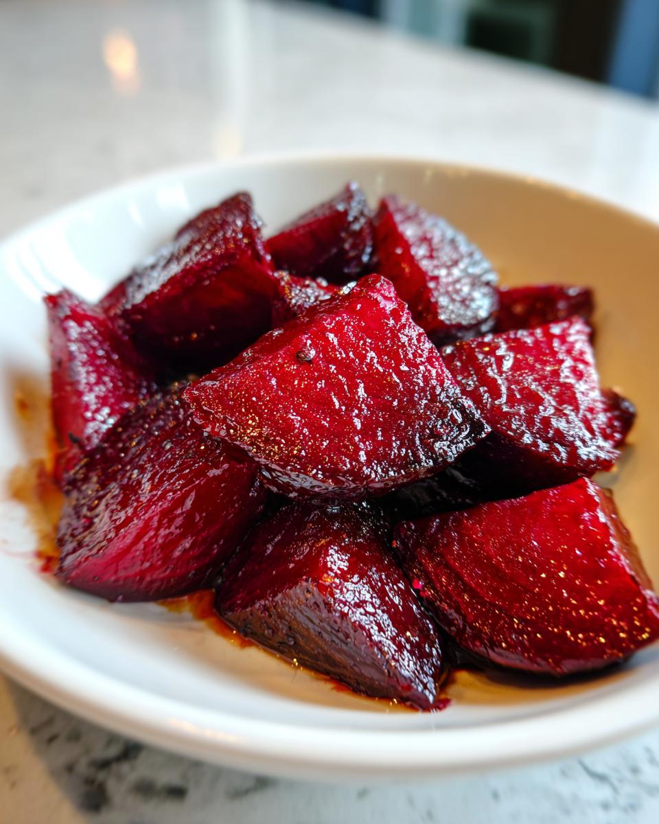 Close-up of glistening, deep red balsamic honey roasted beets cut into chunks served in a white bowl.