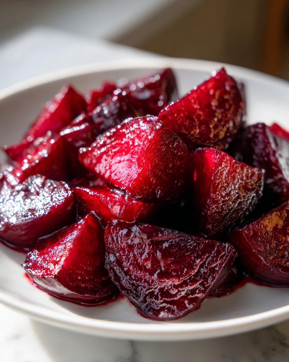 Close-up of glistening, deep red balsamic honey roasted beets cut into wedges, served in a white bowl.