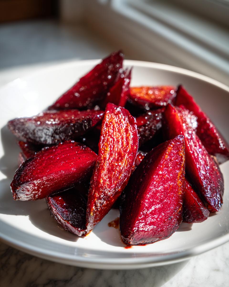 Close-up of glossy, deep red balsamic honey roasted beets cut into wedges, served on a white plate.