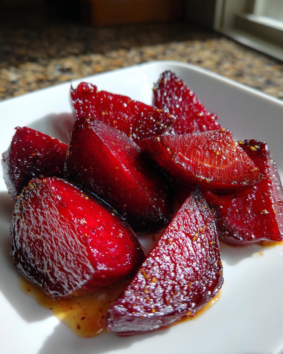 Close-up of glistening, deep red balsamic honey roasted beets cut into wedges, served on a white dish.