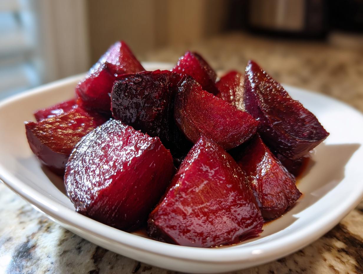 Close-up of glossy, deep red balsamic honey roasted beets wedges served in a small white bowl.