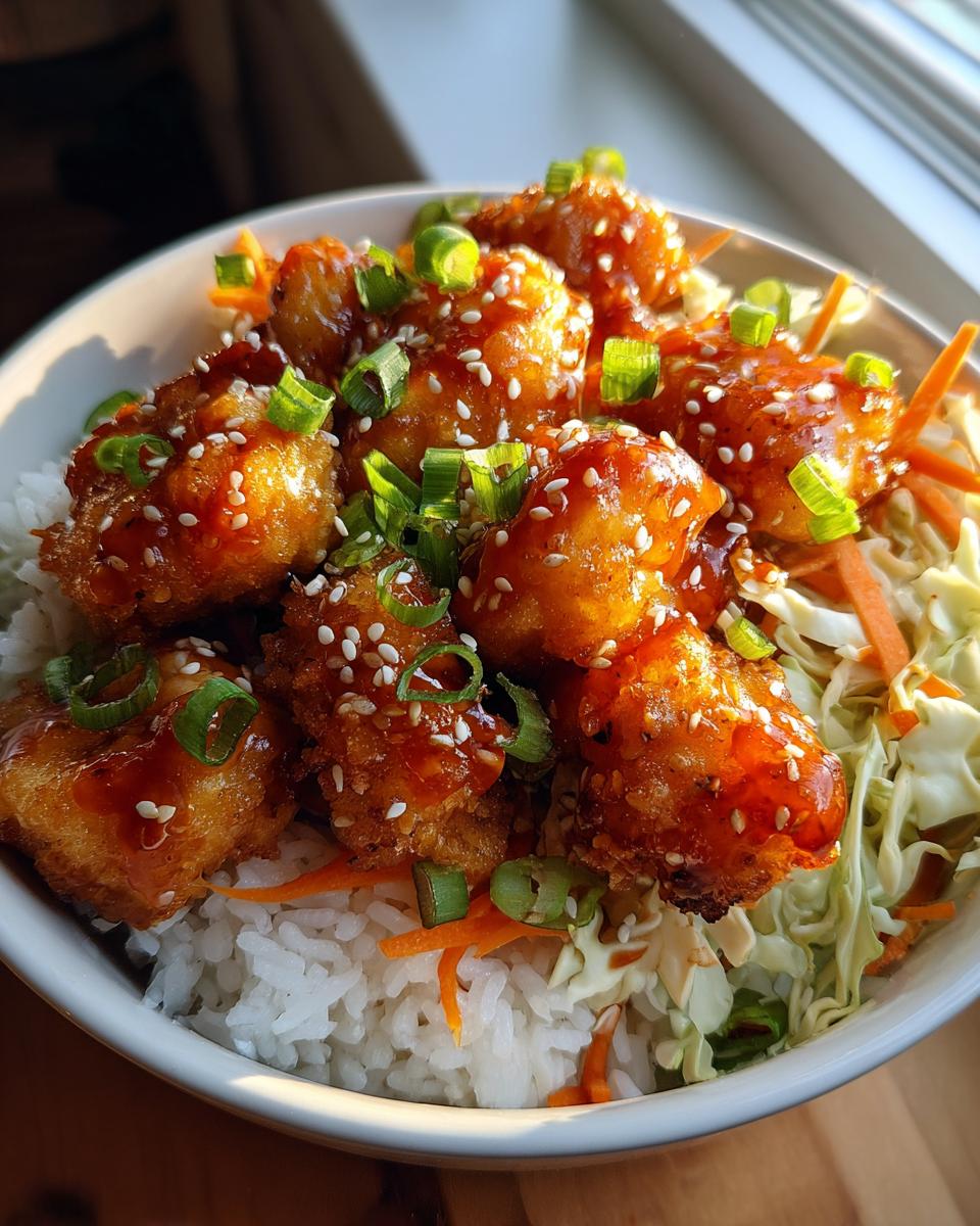 Close-up of a bang bang shrimp bowl featuring crispy shrimp coated in sweet chili sauce, sesame seeds, and green onions over rice and slaw.