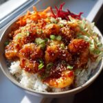 A close-up of a delicious bang bang shrimp bowl featuring crispy shrimp coated in sauce, served over white rice with shredded vegetables.