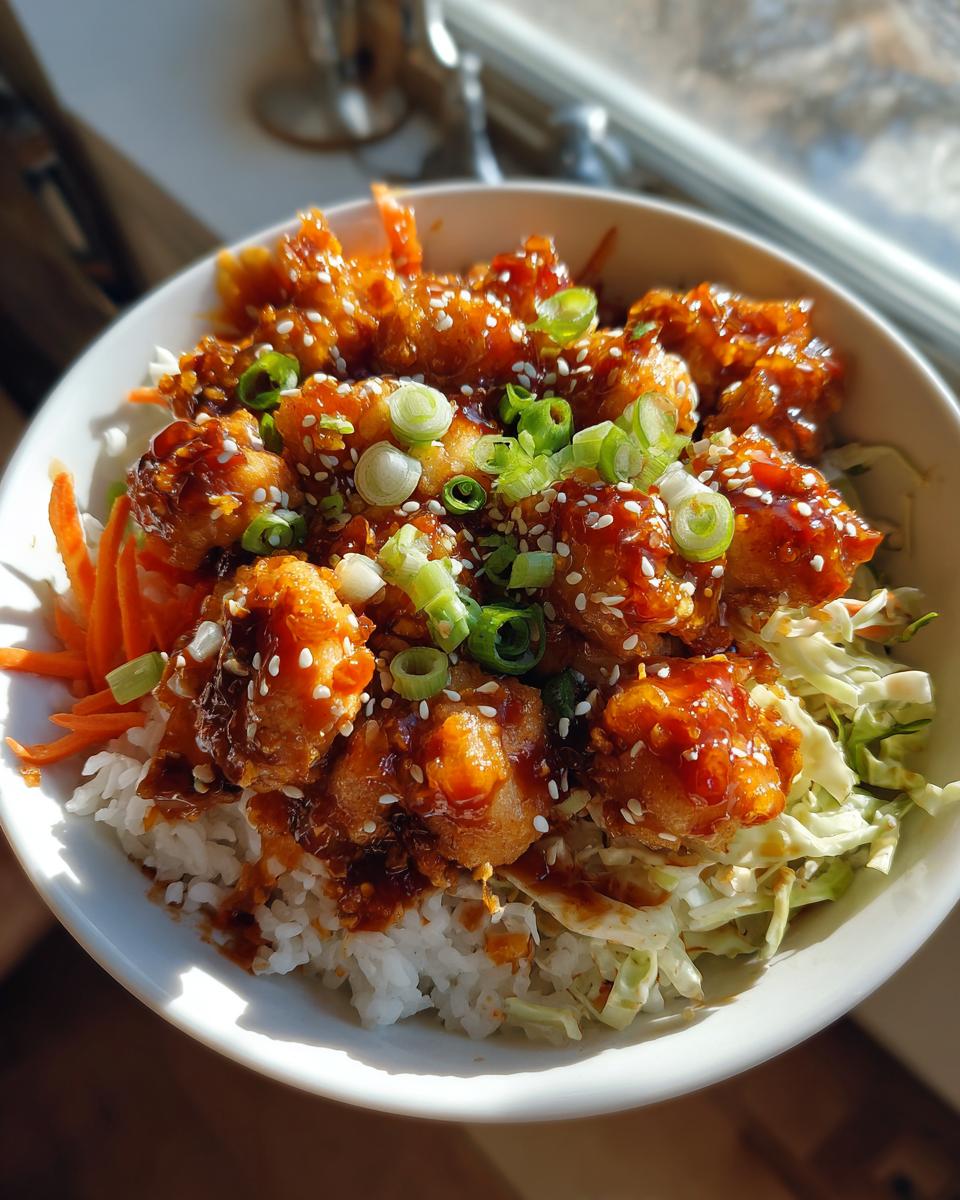 Close-up of a delicious bang bang shrimp bowl featuring crispy shrimp coated in sauce, served over rice with shredded cabbage, carrots, and green onions.