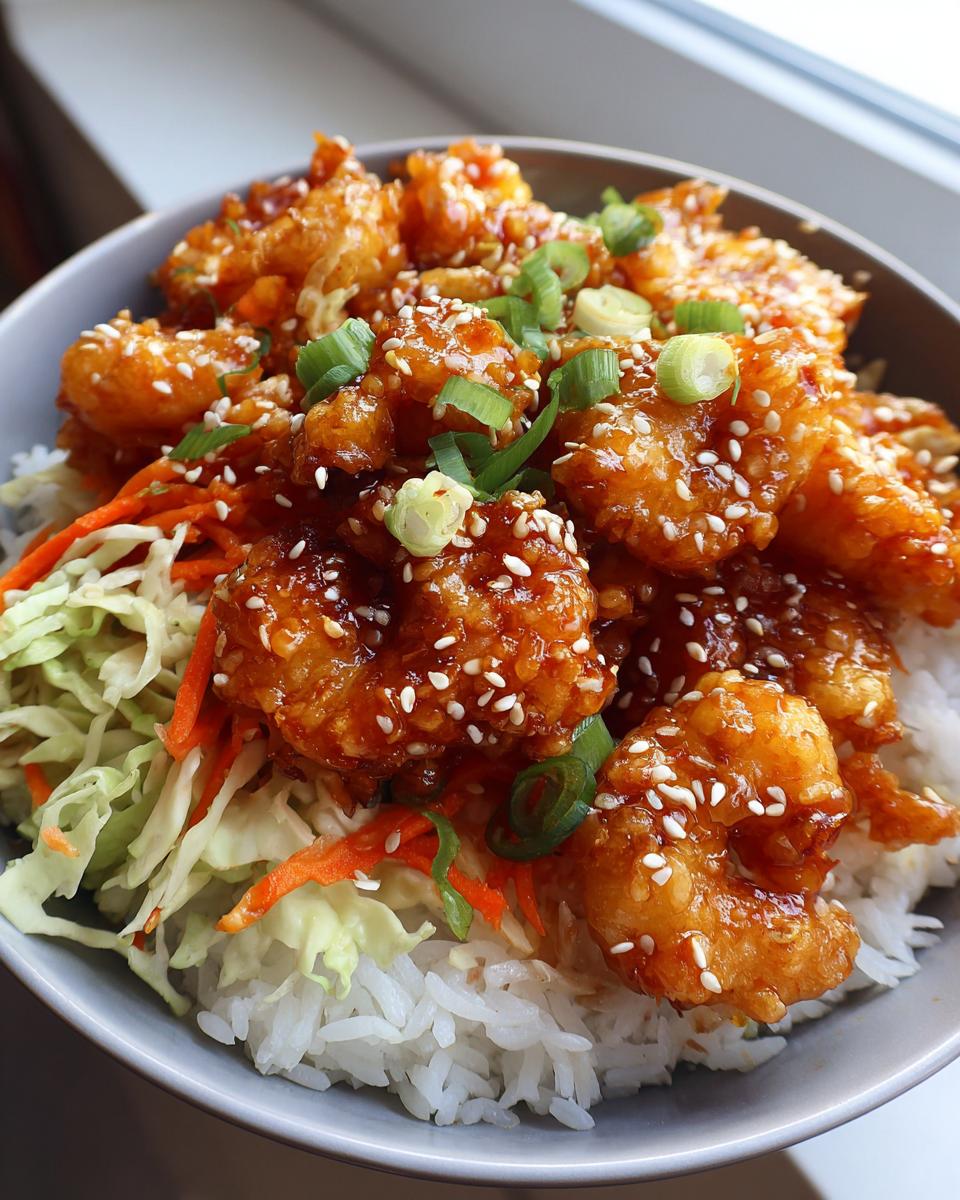 A close-up of a delicious bang bang shrimp bowl featuring crispy shrimp coated in a sweet glaze, served over white rice with shredded cabbage and carrots, topped with sesame seeds.