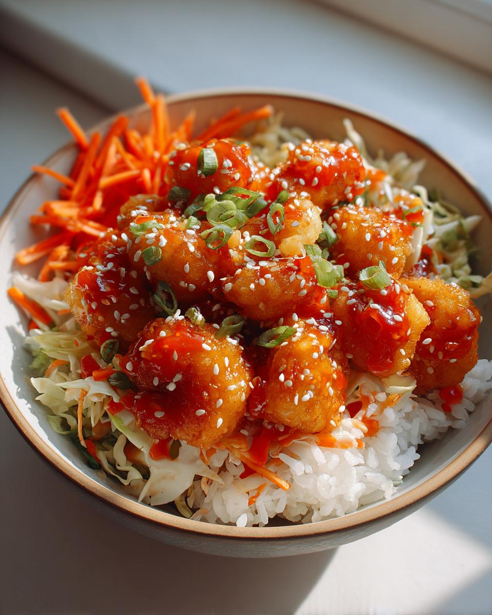 A close-up of a vibrant bang bang shrimp bowl featuring crispy shrimp coated in sauce, served over rice with shredded cabbage and carrots.