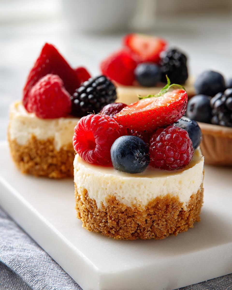 Close-up of individual mini cheesecakes with graham cracker crusts topped generously with fresh raspberries, blueberries, and strawberries.