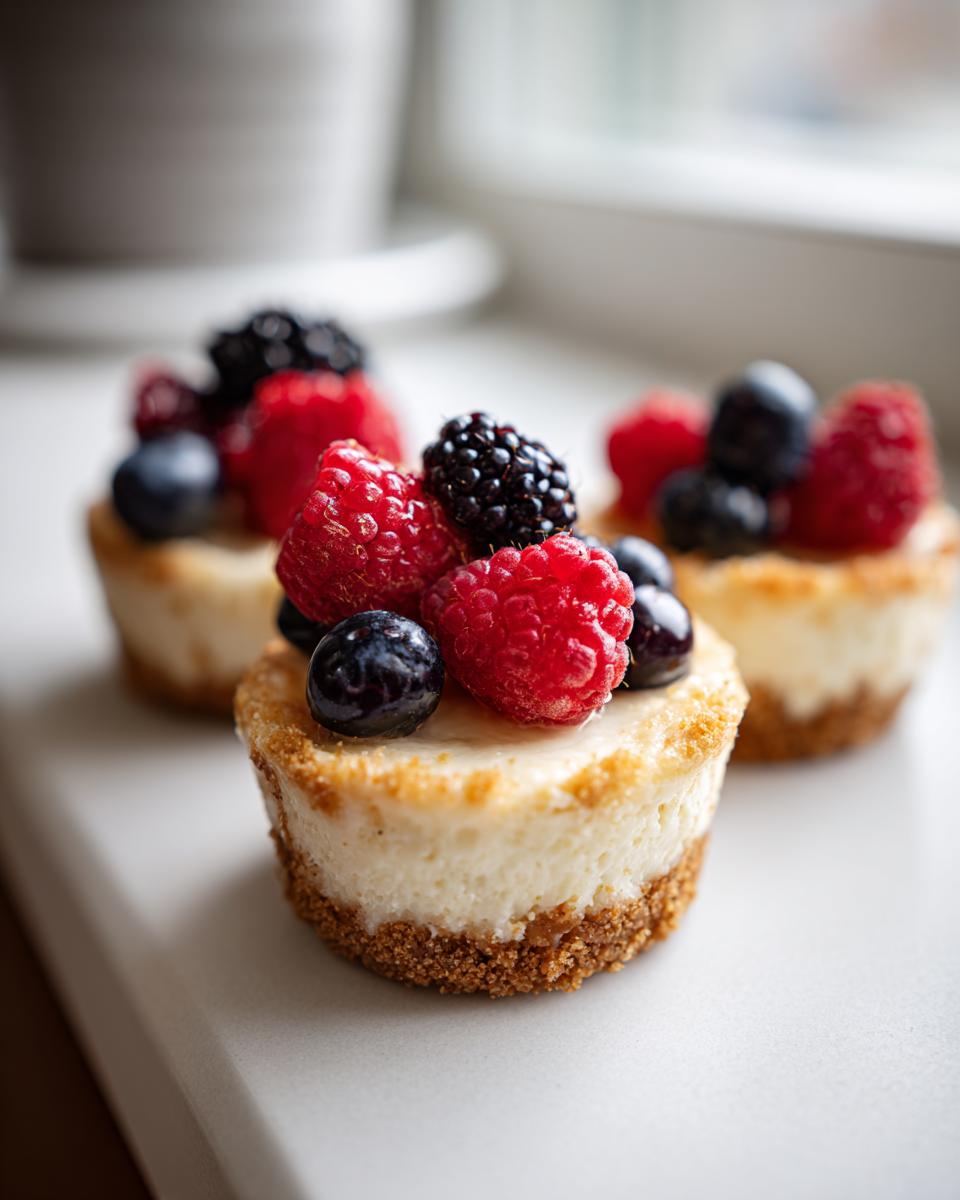 Close-up of fresh mini cheesecakes with graham cracker crusts topped with raspberries, blueberries, and blackberries.