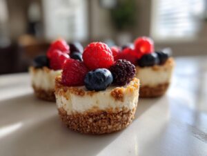 A close-up, shallow depth of field shot of individual mini cheesecakes topped with fresh raspberries, blueberries, and blackberries.
