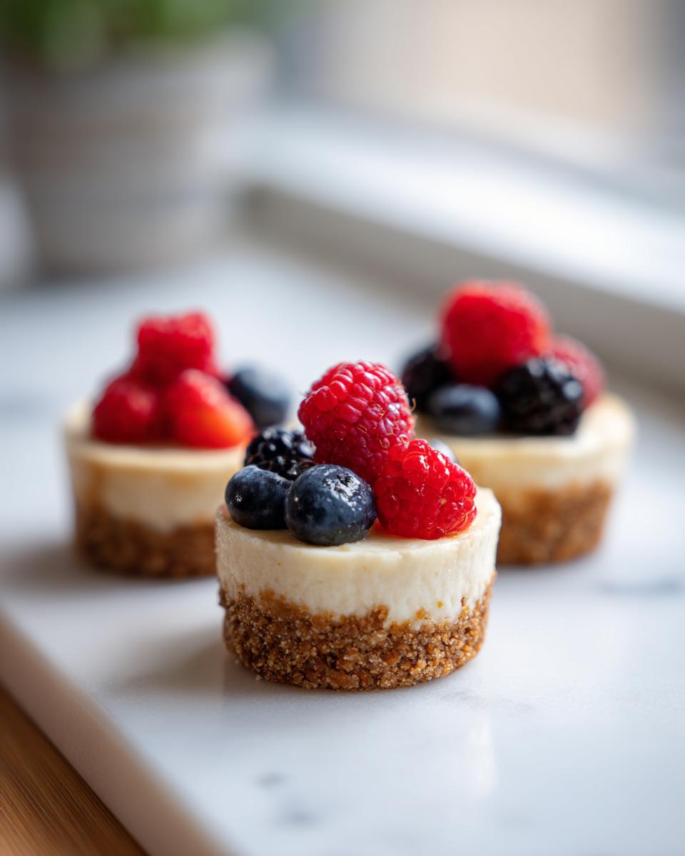 Three individual mini cheesecakes with graham cracker crusts topped with fresh raspberries, blueberries, and blackberries.