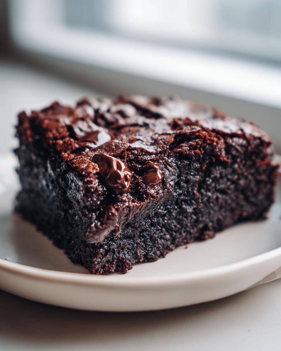 Close-up of a rich, dark slice of black bean brownies no sugar topped with melted chocolate chips.
