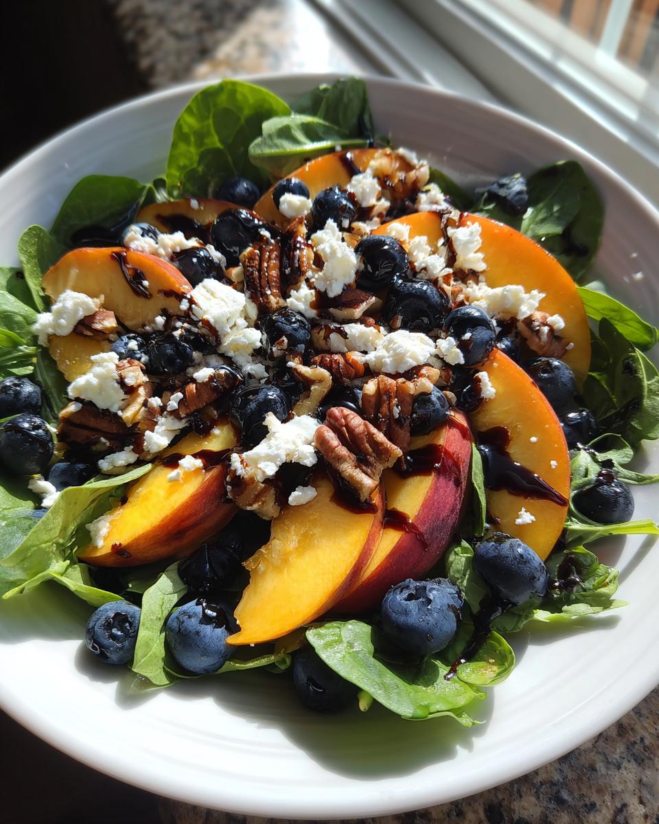 A vibrant blueberry peach feta salad featuring spinach, sliced peaches, fresh blueberries, crumbled feta, pecans, and a balsamic glaze.