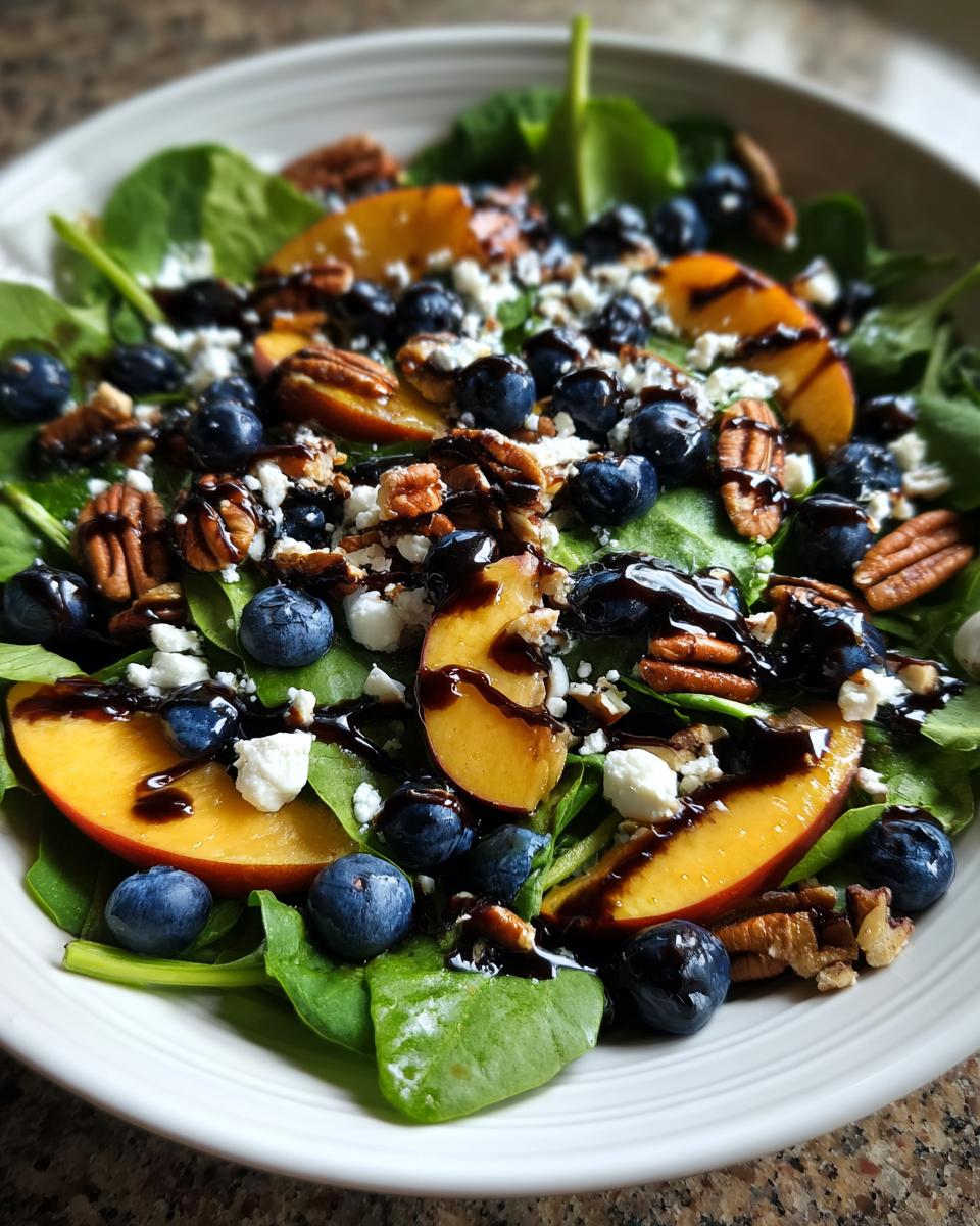 A vibrant bowl of blueberry peach feta salad featuring spinach, sliced peaches, blueberries, feta, pecans, and a balsamic glaze.