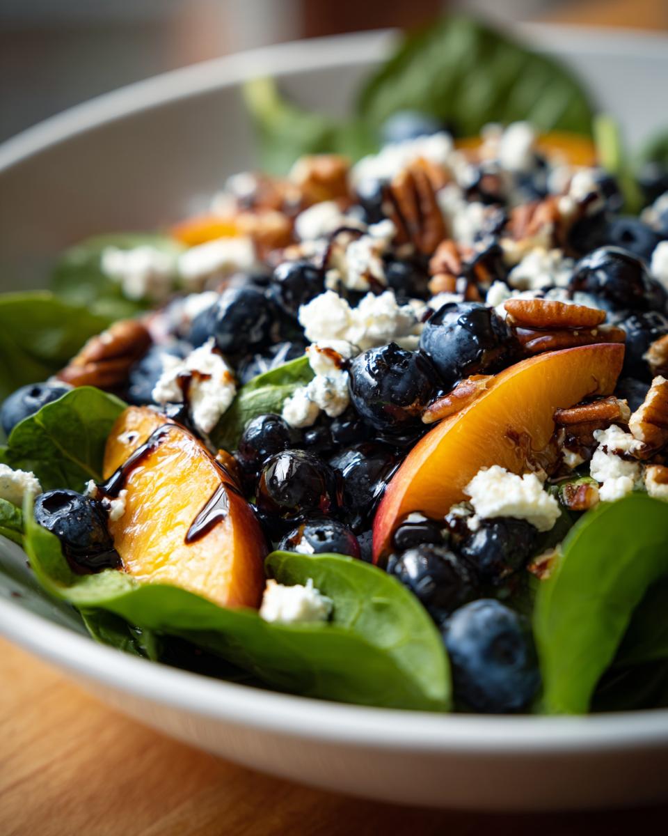 Close-up of a vibrant blueberry peach feta salad featuring spinach, fresh blueberries, peach slices, feta cheese, and pecans.