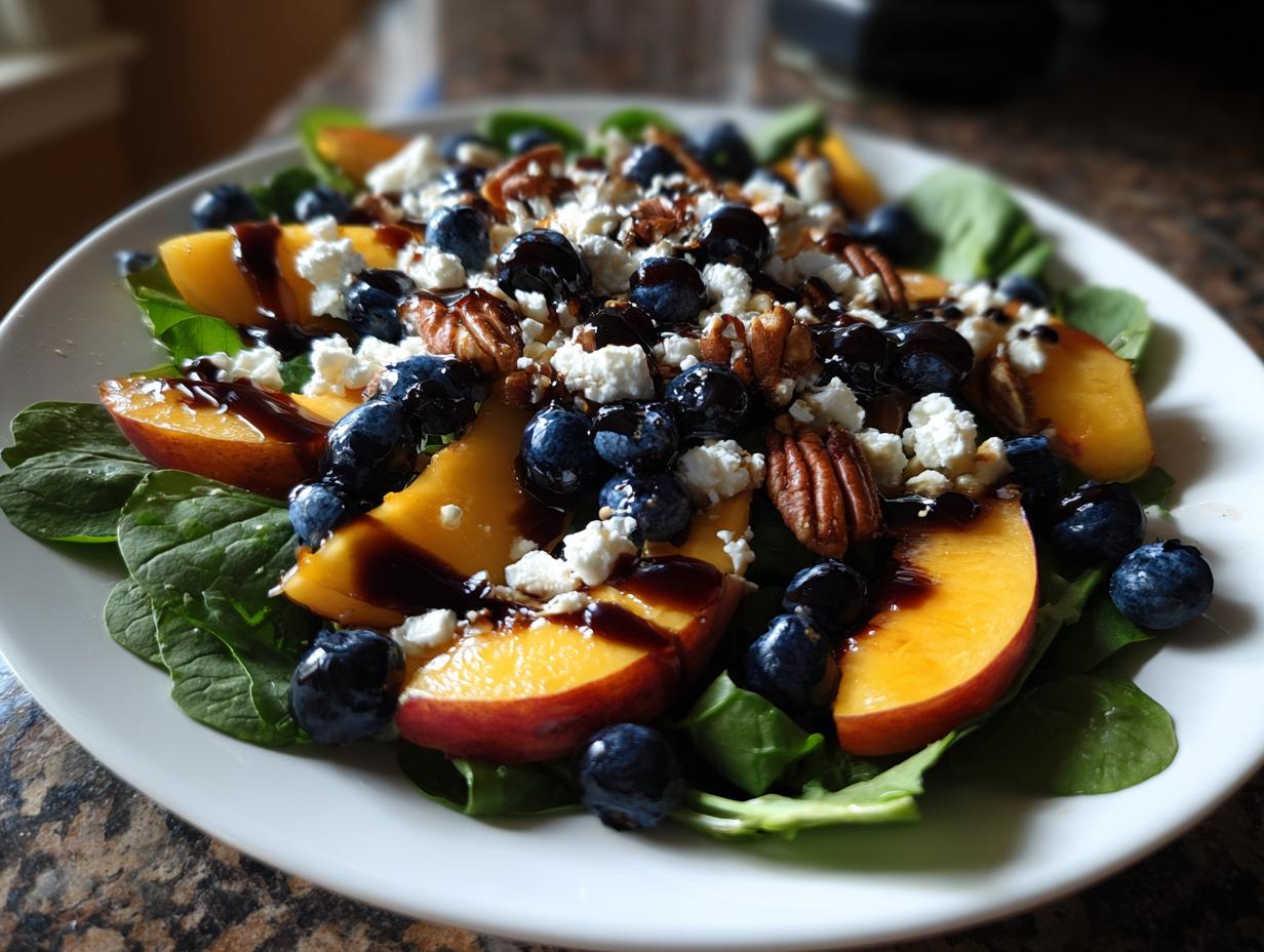 A vibrant blueberry peach feta salad served on a white plate, featuring spinach, feta crumbles, pecans, and a balsamic glaze.