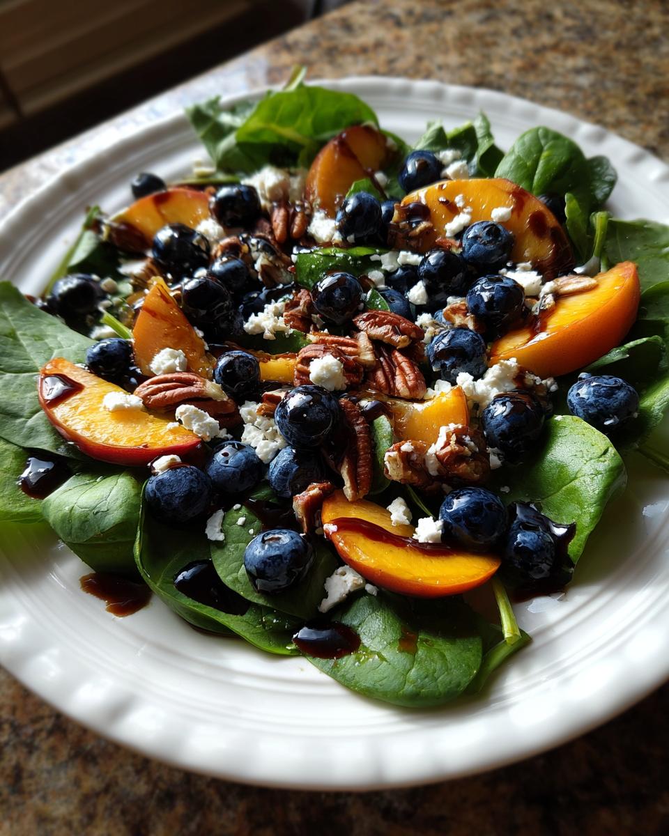 Vibrant blueberry peach feta salad featuring spinach, fresh blueberries, peach slices, crumbled feta, pecans, and a balsamic drizzle.