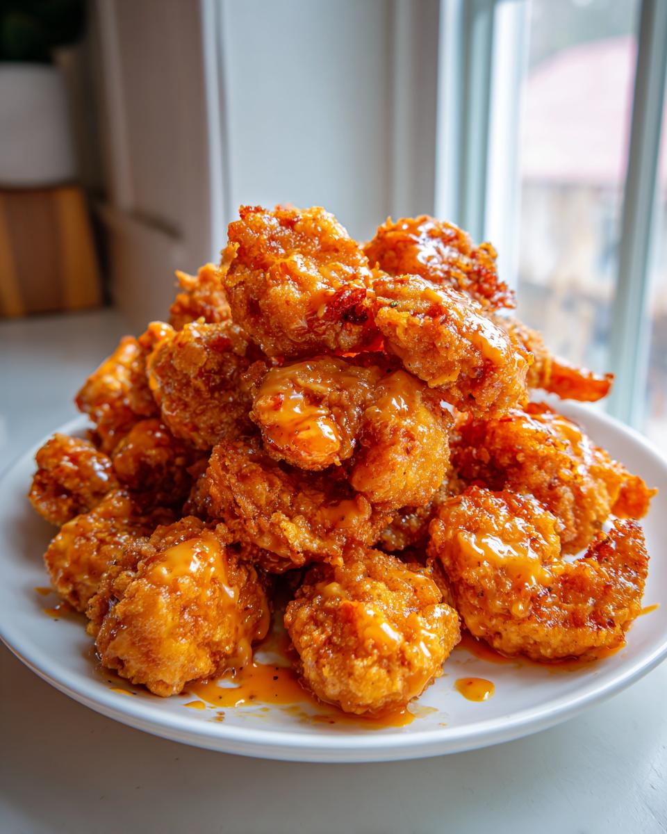 A tall pile of crispy, fried bonefish bang bang shrimp drizzled with a creamy orange sauce, served on a white plate.