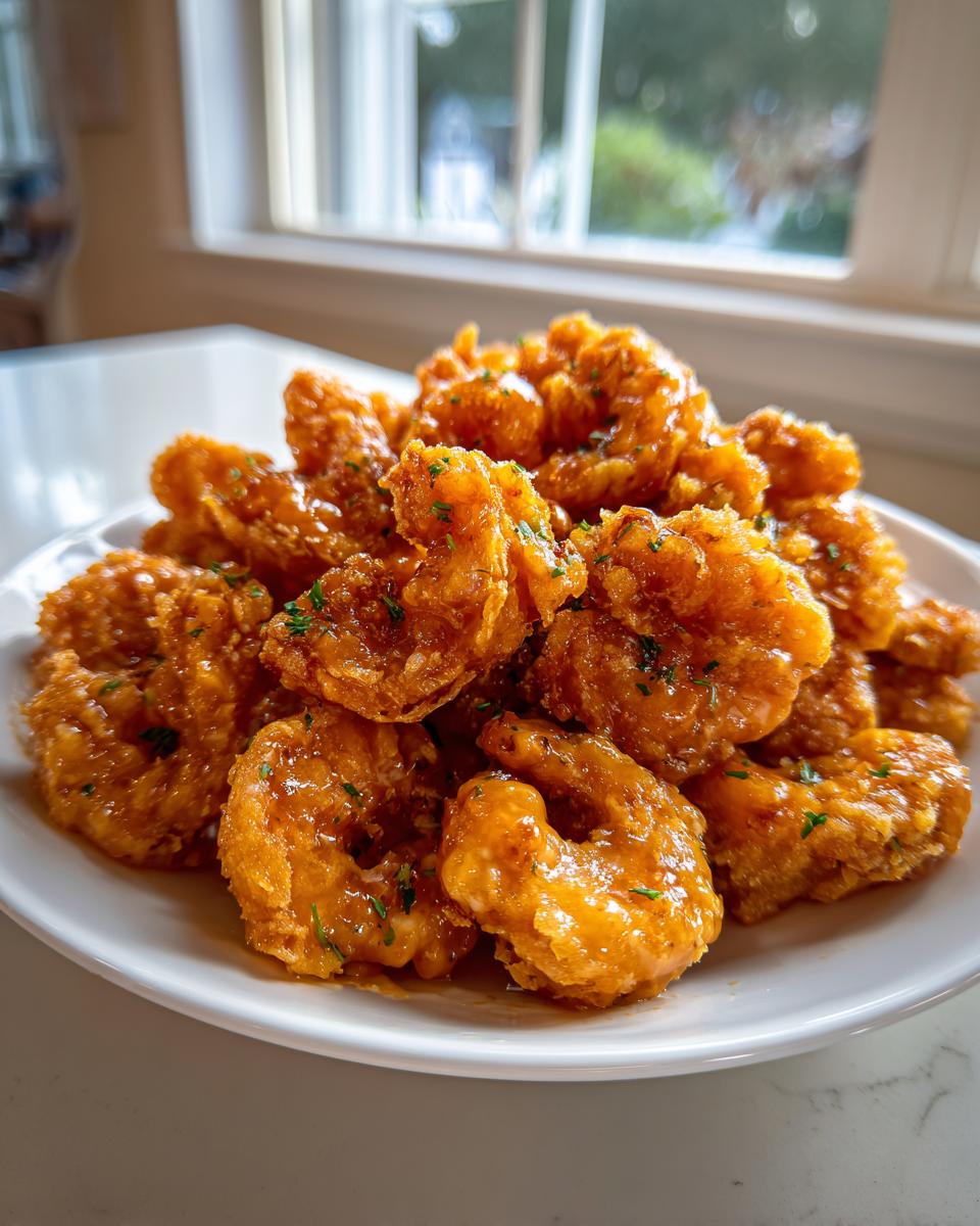 A white plate piled high with crispy, saucy bonefish bang bang shrimp, garnished with green herbs.