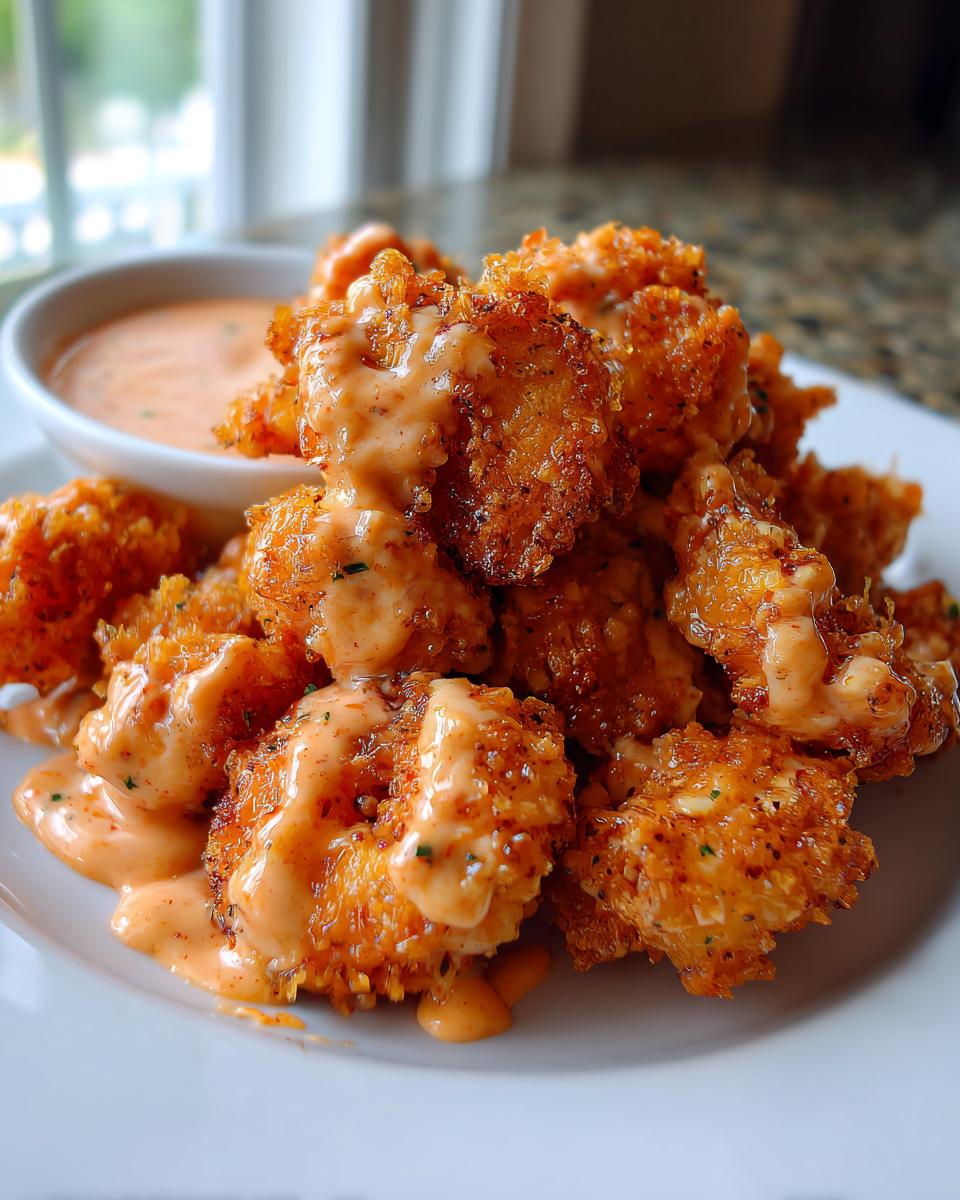 Close-up of crispy, fried bonefish bang bang shrimp piled on a white plate and drizzled with creamy orange sauce.