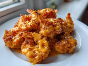 A pile of crispy, fried bonefish bang bang shrimp coated in a creamy orange sauce on a white plate.