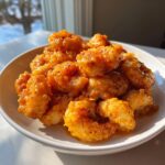 A close-up of crispy, saucy bonefish bang bang shrimp piled high in a white serving bowl.