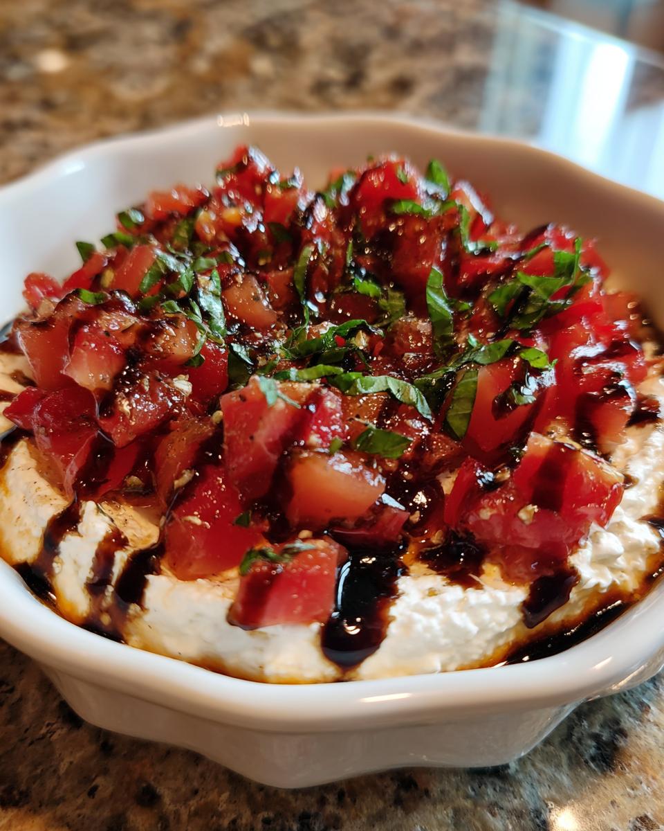 A close-up of the finished boursin bruschetta dip recipe, topped with diced tomatoes, fresh basil, and balsamic glaze.
