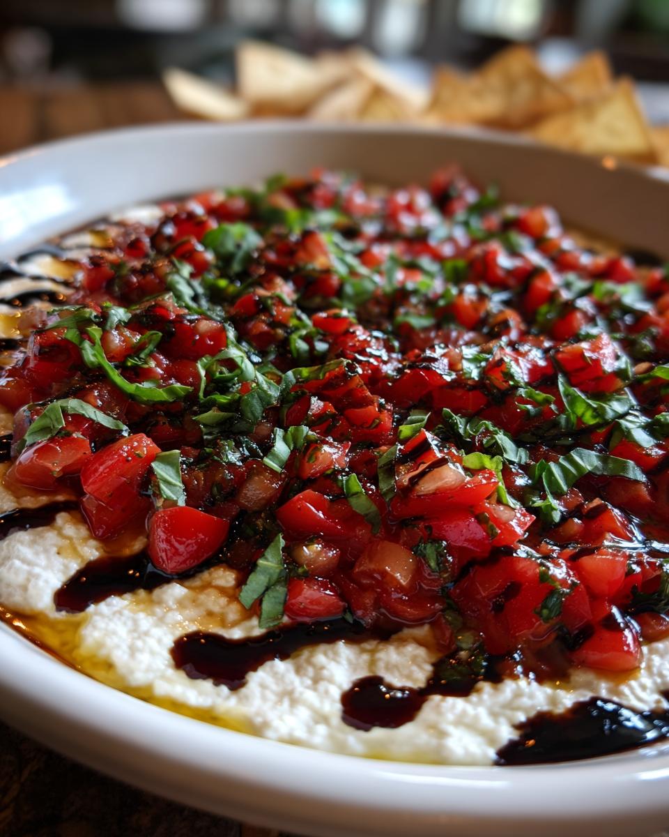 A close-up of a creamy boursin bruschetta dip topped with fresh diced tomatoes, basil, and a balsamic glaze drizzle.