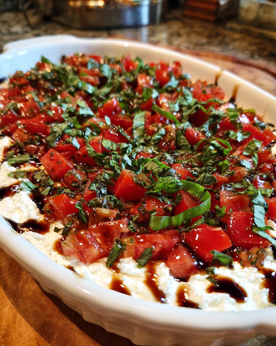 Close-up of a white dish filled with creamy boursin bruschetta dip, topped with diced tomatoes, fresh basil, and a balsamic glaze.