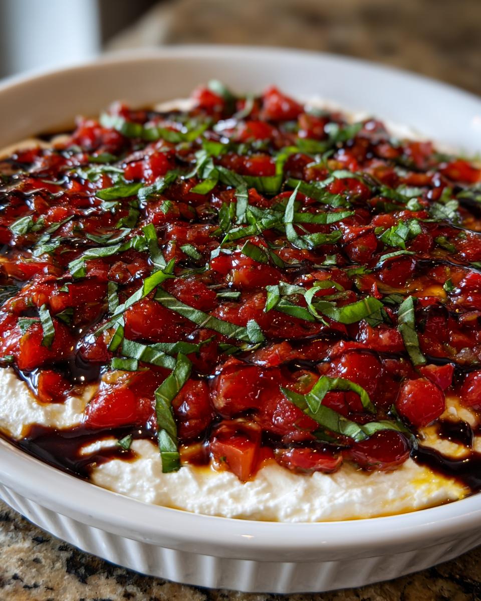 Close-up of a creamy Boursin bruschetta dip topped with diced tomatoes, balsamic glaze, and fresh basil.