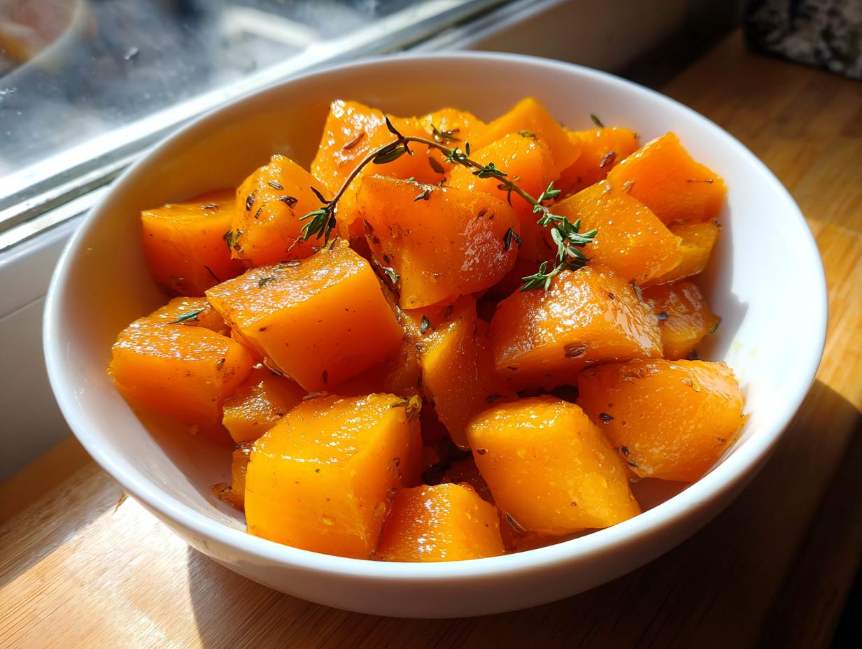 Close-up of bright orange, cubed braised butternut squash seasoned with herbs in a white bowl.