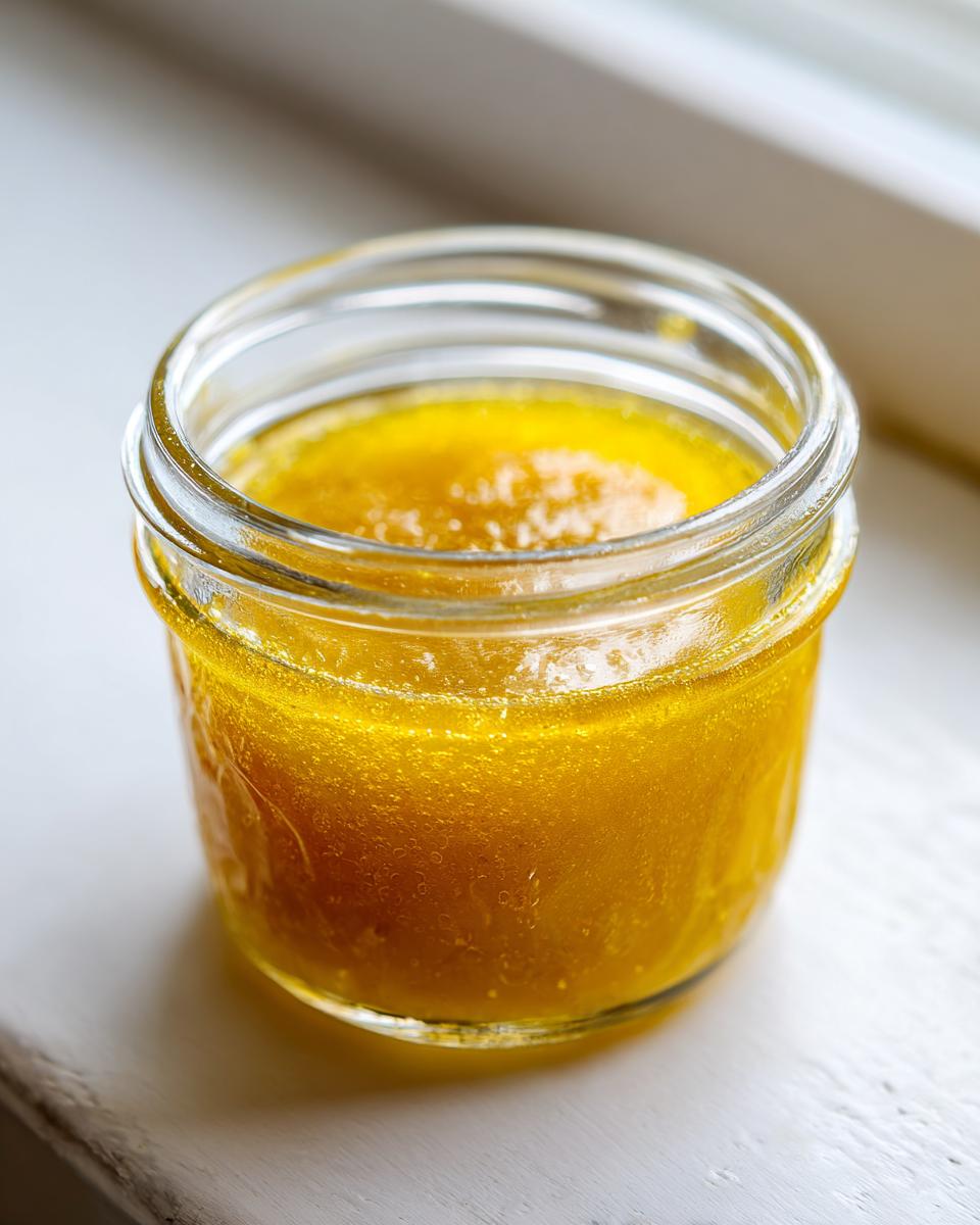 Close-up of bright yellow lemon vinaigrette salad dressing stored in a small glass jar.