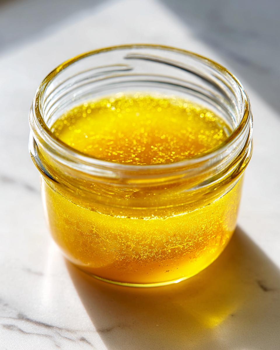 Close-up of bright yellow lemon vinaigrette salad dressing emulsified in a small glass jar.