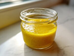 Close-up of bright yellow lemon vinaigrette salad dressing freshly mixed in a small glass jar.